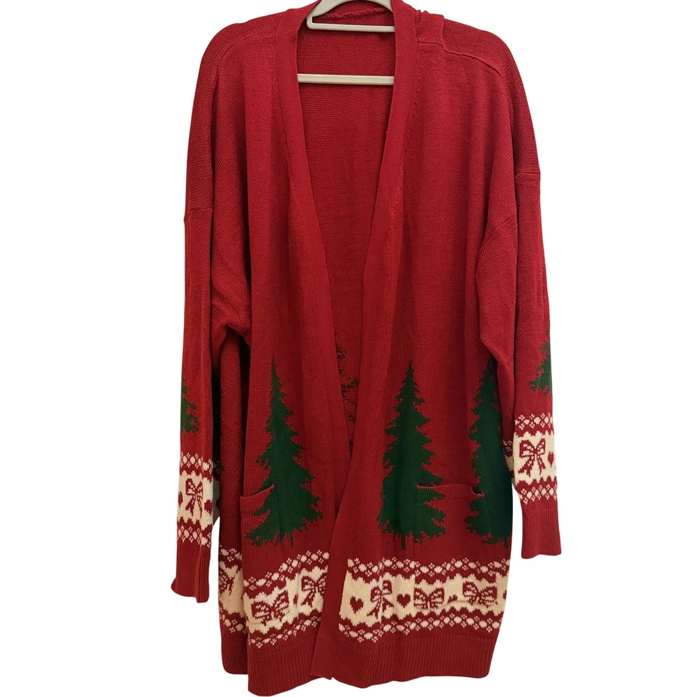 Bloomchic Womens Red Christmas Tree Fair Isle Open Front Cardigan 28